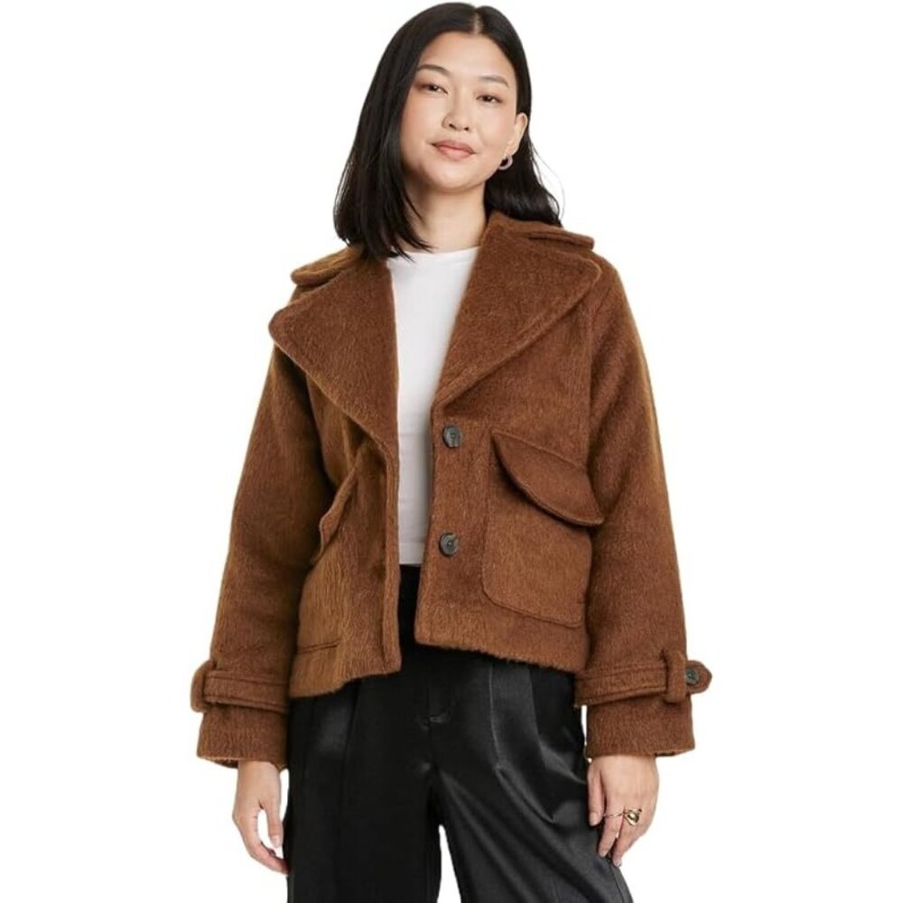 A New Day Womens Brown Button-Up Wool-Blend Jacket Size 1X